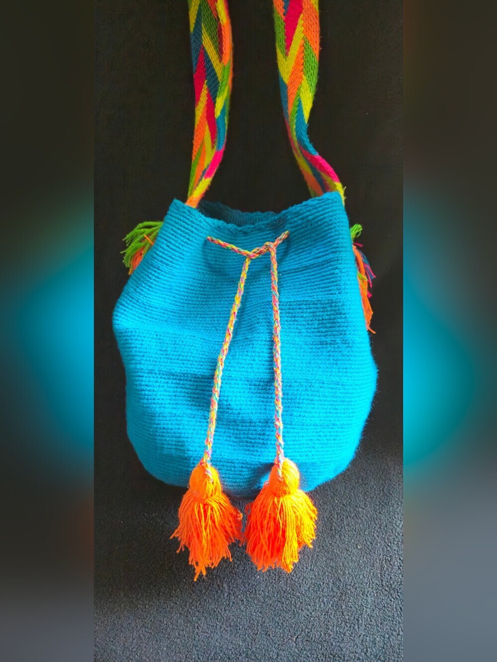 Wayuu Tribe Turquoise Shoulder Bag w/Vibrant Orange Tassels and Multicolor Strap
